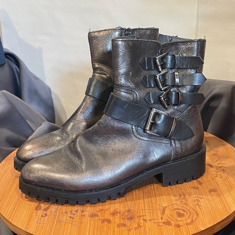Napoleoni Women's Black metallic Leather Buckle Combat Boots size 38